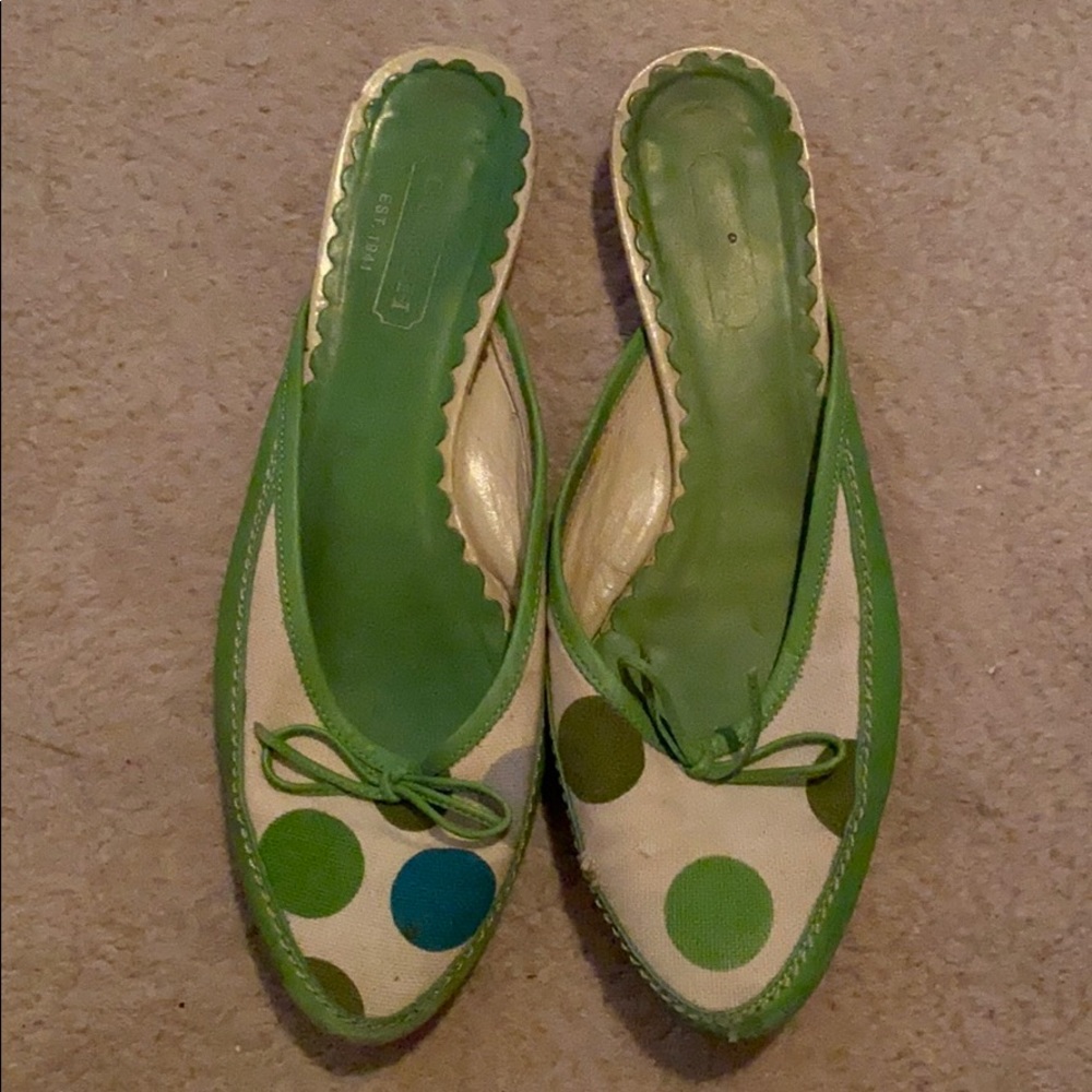 Coach green leather & canvas polka dot flat slides